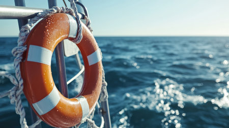 A close-up of a life preserver hanging on the side of a boat, symbolizing water safetyの素材