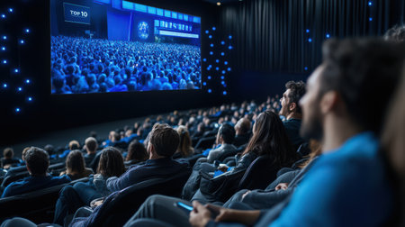 A top 10 list displayed on a digital screen during an awards ceremony, with excited participantsの素材