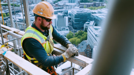 A construction worker securing scaffolding with safety lines before starting work at heightsの素材