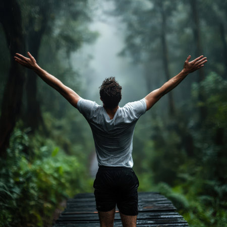 Man with arms outstretched standing on a wooden bridge in the forestの素材