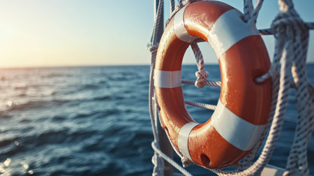 A close-up of a life preserver hanging on the side of a boat, symbolizing water safetyの素材