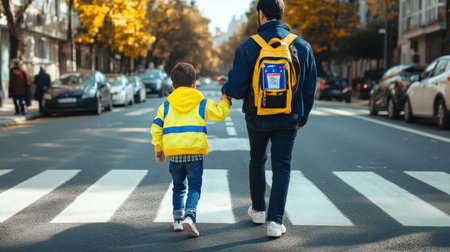 A child walking through a crosswalk with the assistance of a crossing guard, promoting pedestrian safetyの素材