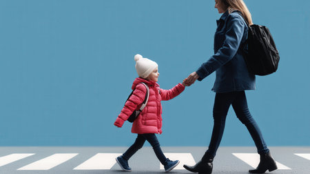 A child walking through a crosswalk with the assistance of a crossing guard, promoting pedestrian safetyの素材