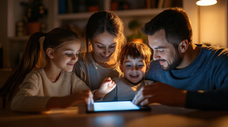 A family practicing a fire escape drill at home, reviewing their safety planの素材