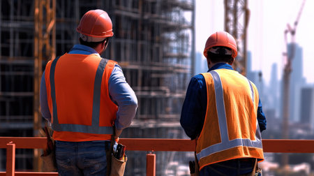 A construction site with workers wearing helmets and reflective vests, ensuring job safetyの素材