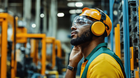 A factory worker wearing ear protection while operating loud machinery, ensuring safetyの素材