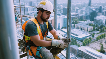 A construction site with workers wearing helmets and reflective vests, ensuring job safetyの素材