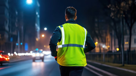 A person wearing a reflective vest while jogging at night, ensuring visibility and safetyの素材