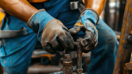A close-up of a construction worker's hands wearing safety gloves while operating equipmentの素材