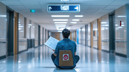 A person reading an emergency exit plan in a public building, preparing for safetyの素材