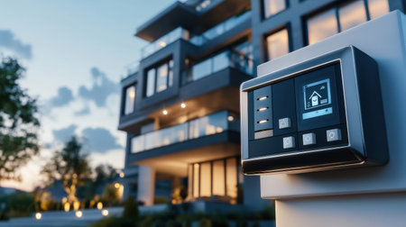 A home security system panel showing 'armed' mode, ensuring household safetyの素材