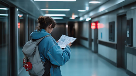 A person reading an emergency exit plan in a public building, preparing for safetyの素材