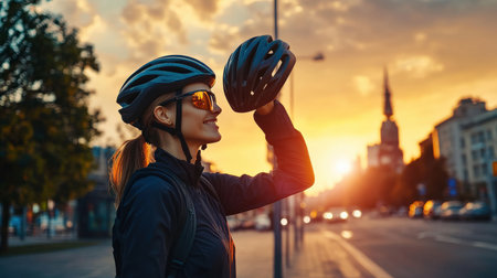 A cyclist checking their helmet before a ride, highlighting the importance of road safetyの素材