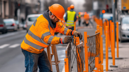A worker installing safety barriers at a construction site to protect pedestriansの素材