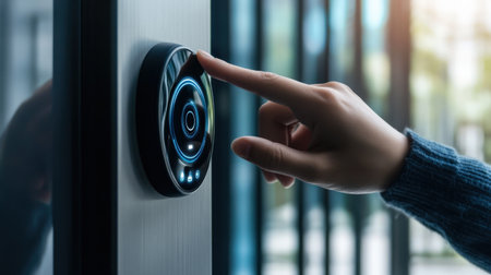 A person using a smart doorbell with a camera for enhanced home security and safetyの素材