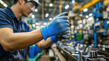 A worker wearing protective gloves while handling sharp tools in a factoryの素材