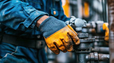 A close-up of a construction worker's hands wearing safety gloves while operating equipmentの素材