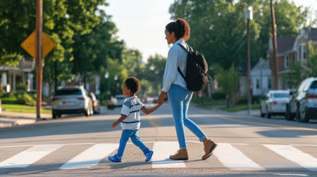 A parent teaching a child how to safely cross the street in a residential neighborhoodの素材