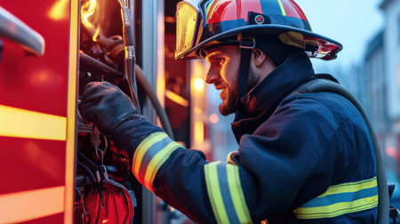 A fireman checking a fire truck safety equipment before responding to an emergencyの素材
