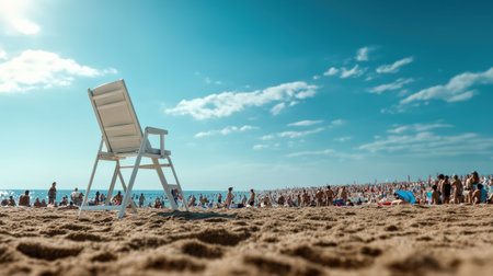 A lifeguard chair overlooking a crowded beach, ensuring swimmer safetyの素材