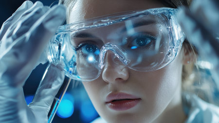 A close-up of safety goggles and gloves being worn during a science experimentの素材