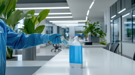 A person cleaning surfaces with disinfectant to ensure workplace safety from germsの素材