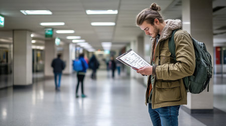 A person reading an emergency exit plan in a public building, preparing for safetyの素材