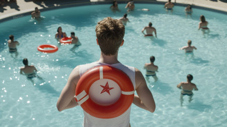 A lifeguard holding a rescue float, watching over a crowded public poolの素材