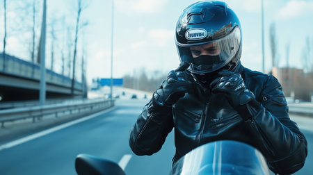 A motorcyclist fastening their helmet before a ride, promoting safety on the roadの素材