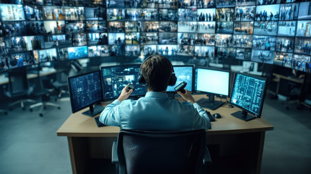 A security guard monitoring a surveillance camera feed in a building control roomの素材