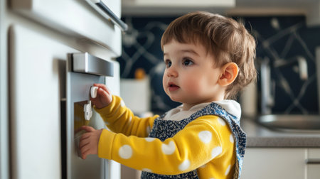 A child-proof lock on a kitchen cabinet, ensuring home safety for childrenの素材