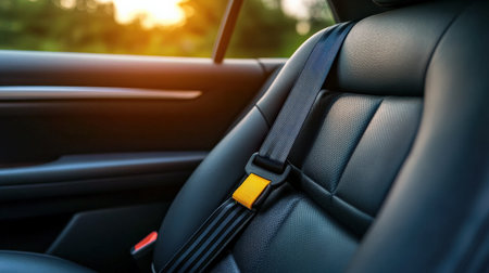A close-up of a seatbelt being buckled in a car, promoting road safetyの素材