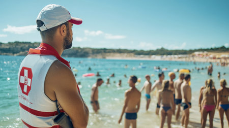 A lifeguard watching over swimmers at a beach, ensuring water safetyの素材