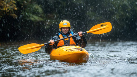 A person wearing a life jacket before kayaking, practicing water safety precautionsの素材