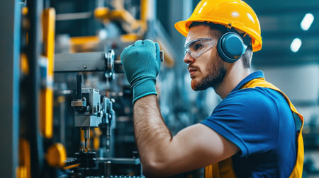 A factory worker wearing ear protection and gloves while operating heavy machineryの素材