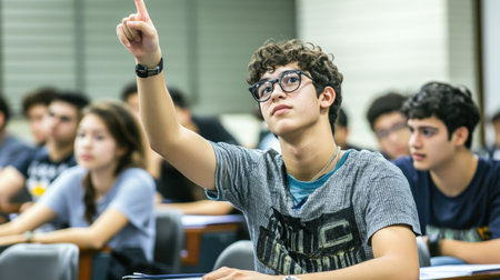 A student raising their hand to ask a question during an important quizの素材