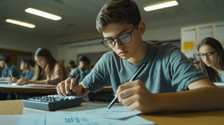 A student using a calculator to solve a math problem during a standardized examの素材