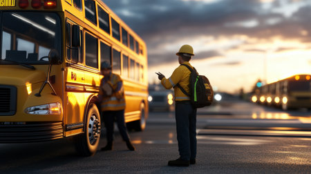 A school bus driver checking the safety of the vehicle before starting a routeの素材