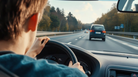 A driver adjusting their mirrors and checking seatbelt before a long road trip, practicing road safetyの素材