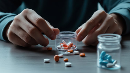 A person carefully reading medication instructions, ensuring proper use for health safetyの素材