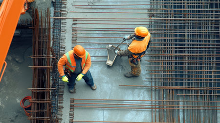 A construction site with workers wearing helmets and reflective vests, ensuring job safetyの素材