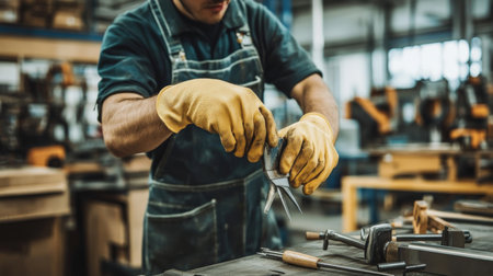 A worker wearing protective gloves while handling sharp tools in a factoryの素材