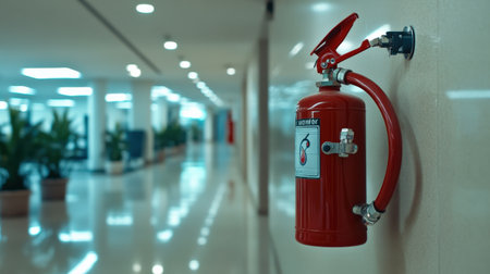A close-up of a fire extinguisher mounted on the wall in an office buildingの素材