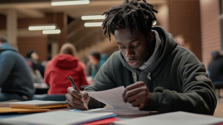 "A student nervously checking over their exam paper before submitting it --ar 16:9 --personalize jaydbm9 --v 6.1 Job ID: 727f8e2b-20cf-49cf-9fa9-1a72c22ed211の素材