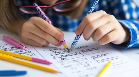 A close-up of a report card with test results, showing grades in various subjectsの素材