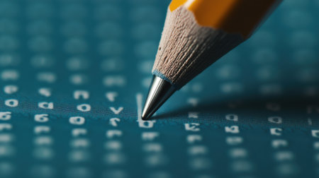 A close-up of a pencil marking an answer on a scantron test sheetの素材