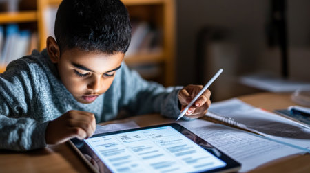 A person taking a language proficiency test on a tablet, focusing on the questionsの素材