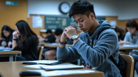 A student checking their watch while taking a timed exam in a classroomの素材