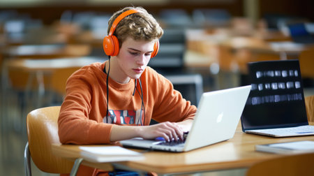 A student with headphones on, focused on taking a digital exam on a laptopの素材