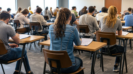 A group of coworkers sitting at desks, taking a mandatory quiz during a training workshopの素材